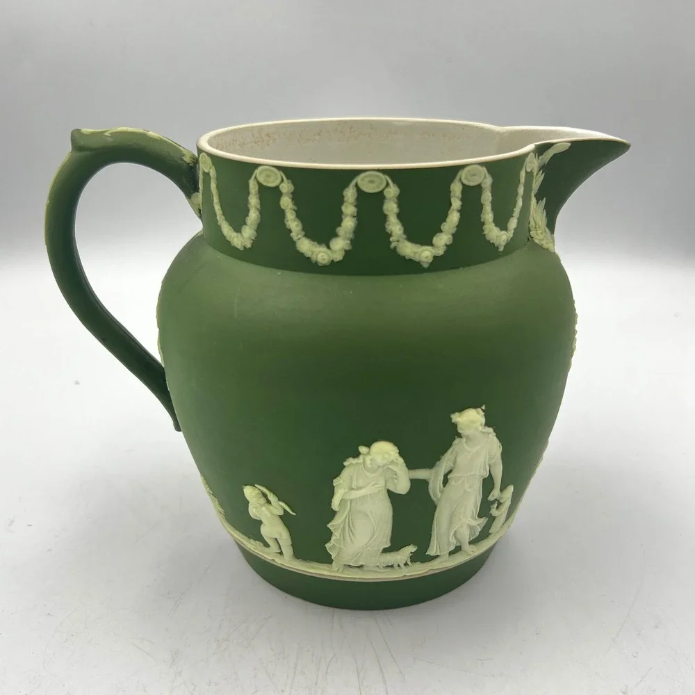 Antique Wedgwood Olive Green Jasper-Dip‎ Pitcher Classical Muses Relief 1800's